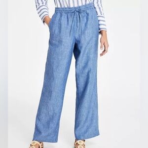 Charter Club | Luxury 100% Linen Blue Woman Pants 1X Lagenlook Vacation Wide Leg